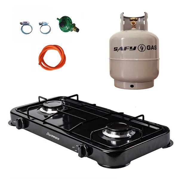 Black 2 Plate Gas Stove with Fittings & Gas Cylinder - 5kgDeals