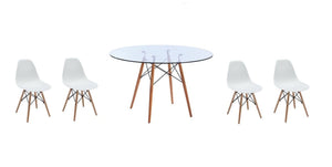 5 Piece Glass Table and White Wooden Leg Chairs (Set)