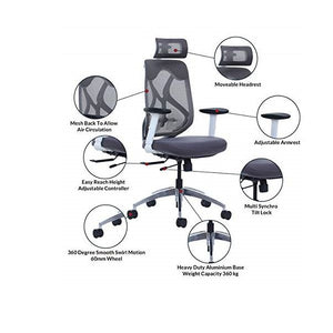 Office Chairs - Ergonomic Executive Mesh with Headrest - Grey Colour