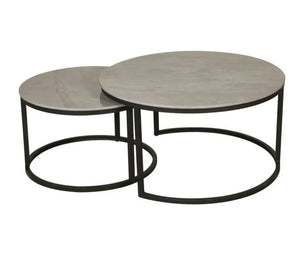 Coffee Tables Nesting Set of 2 - Grey Round Faux Marble Top - Black Frame