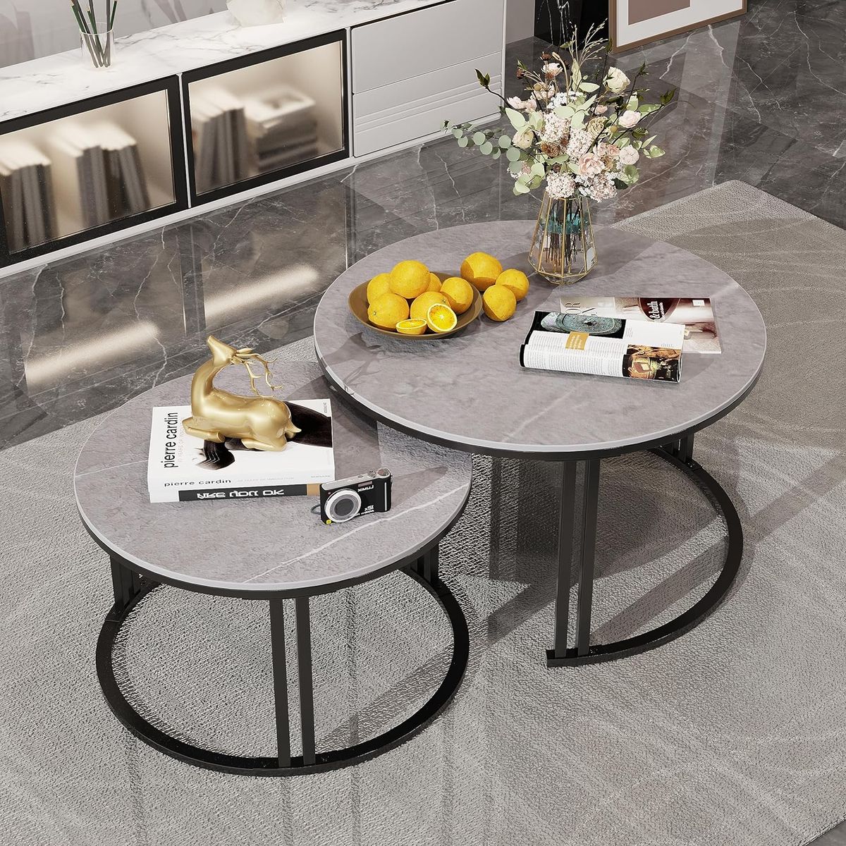 Coffee Tables - Nesting Set - Grey Faux Marble Top - Black Frame Colour