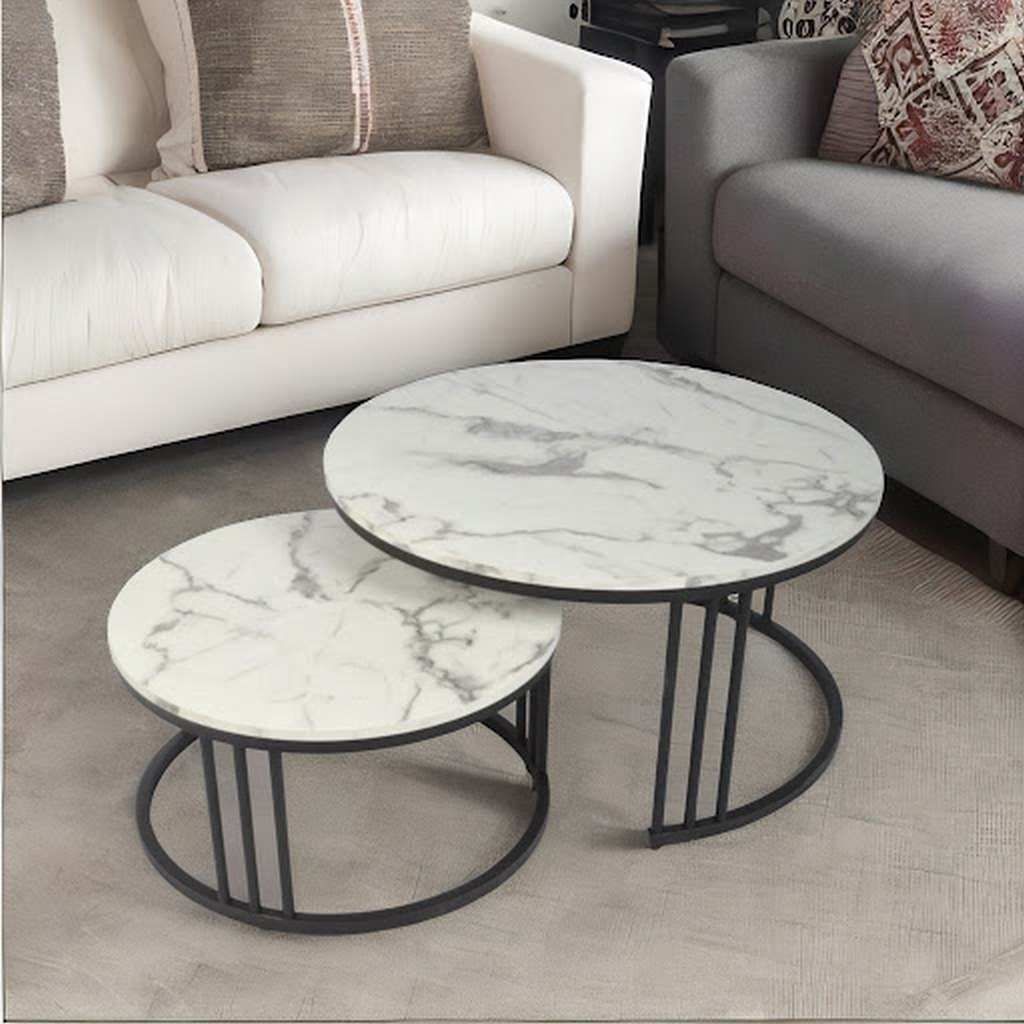 Coffee Tables - Nesting Set - Grey Faux Marble Top - Black Frame Colour