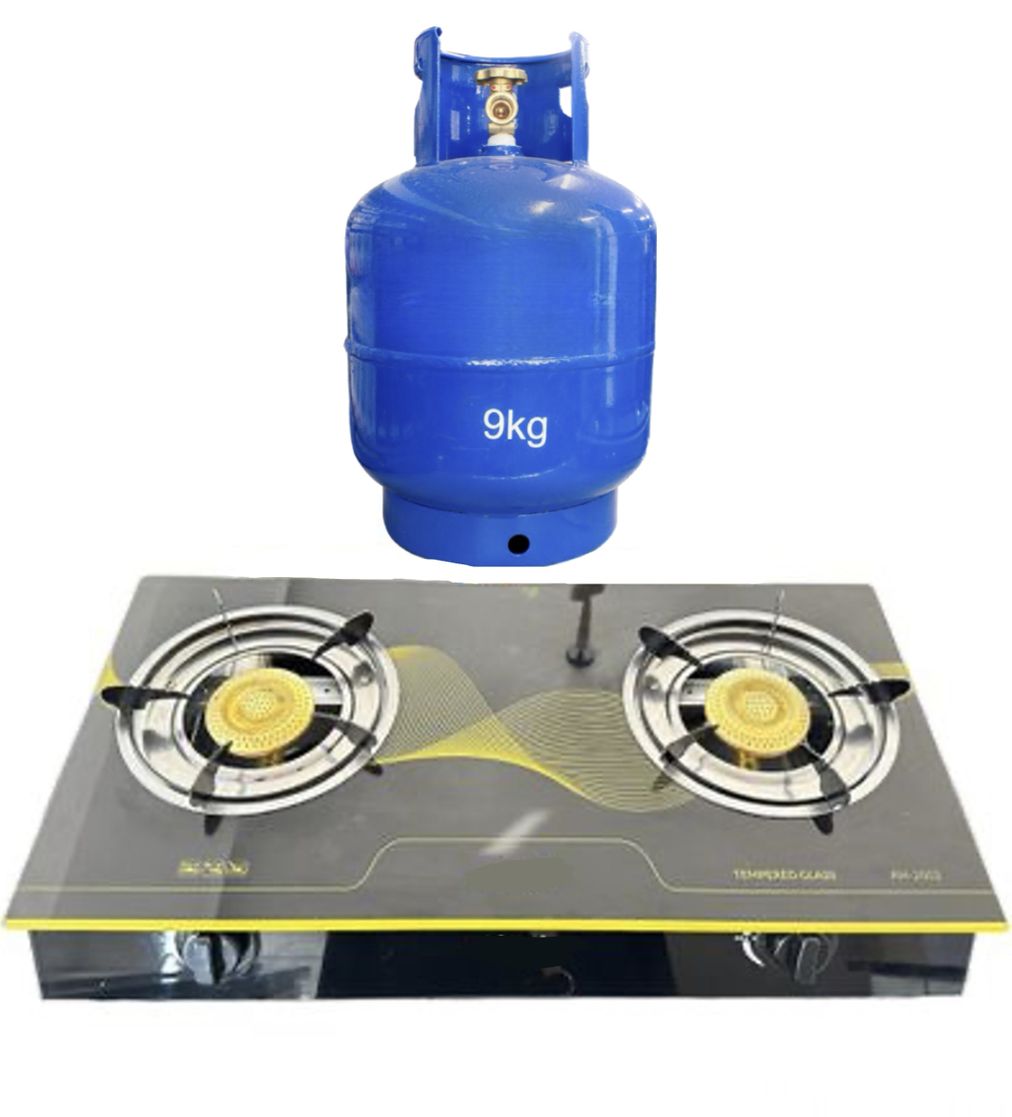 2-Plate Tempered Glass Gas Stove and 9KG Gas Cylinder