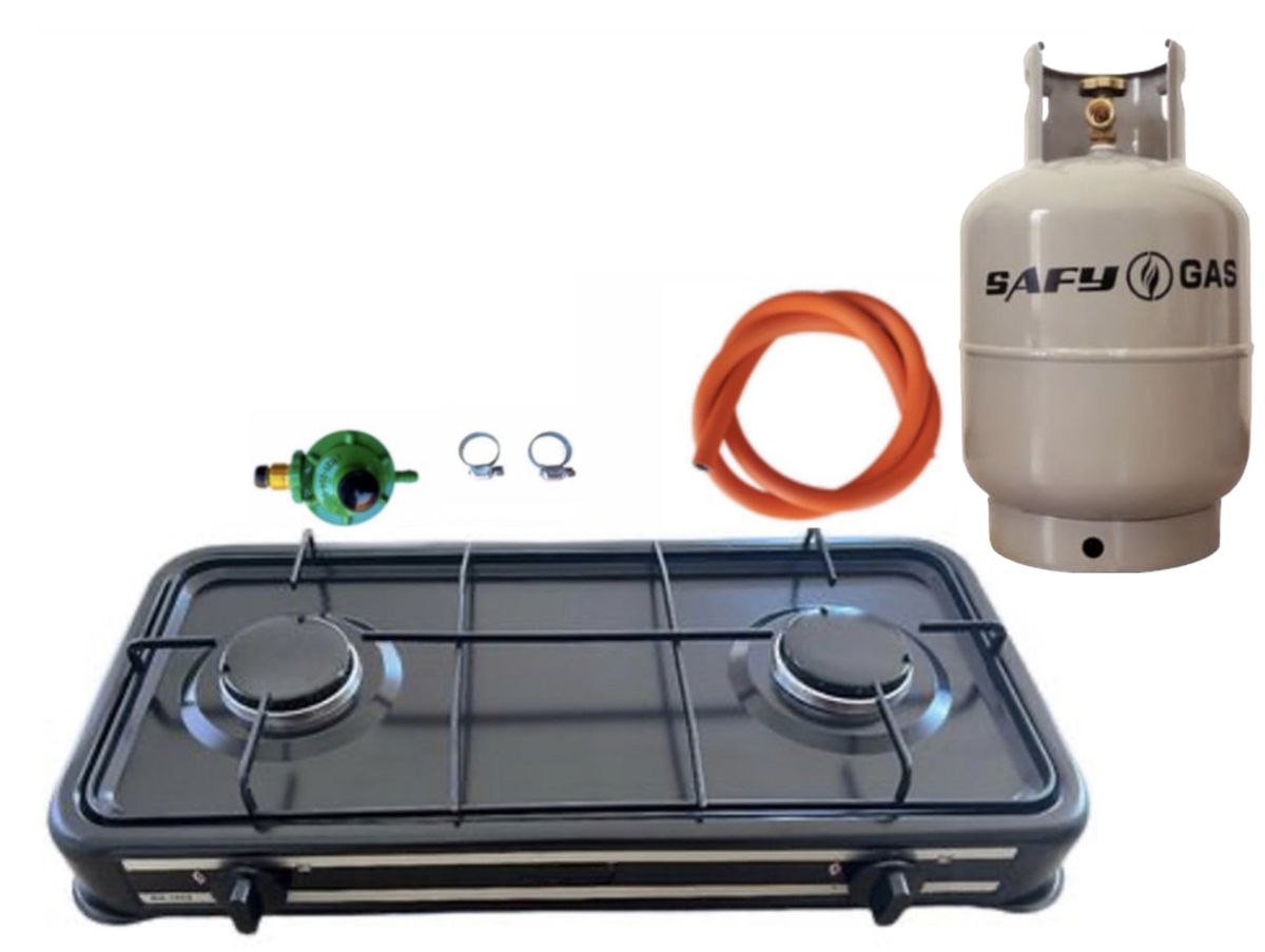 Two Burner Auto Ignition Gas Stove with Regulator Set and 5KG Gas Cylinder