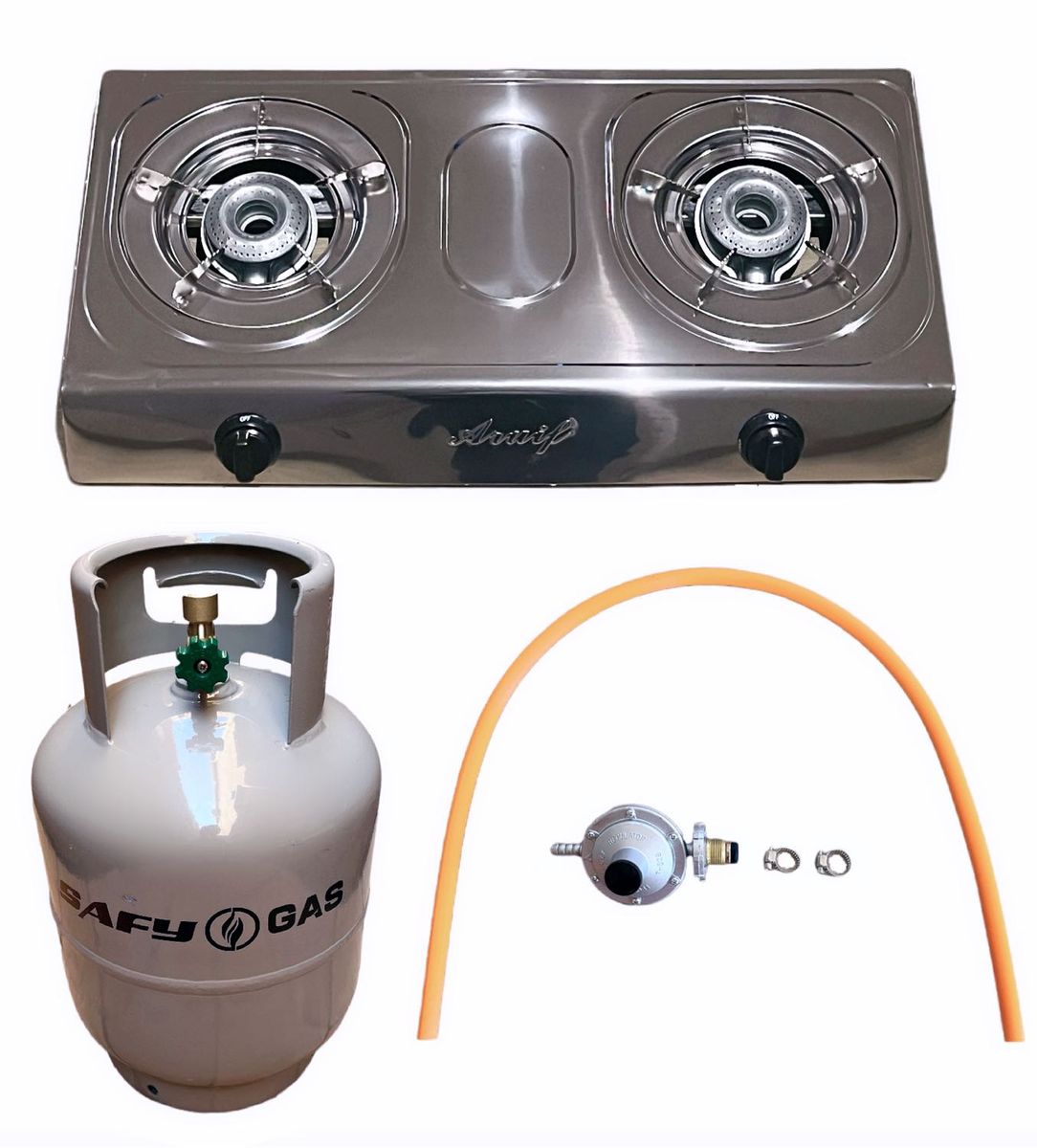 Aruif Two Burner Auto Ignition Stainless Steel Gas Stove & 5Kg Cylinder