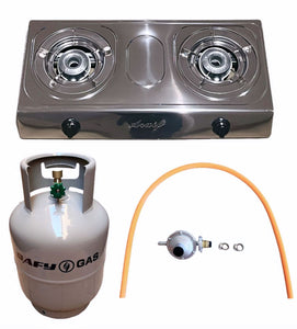 Aruif Two Burner Auto Ignition Stainless Steel Gas Stove & 5Kg Cylinder