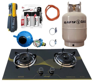 2-Burner Tempered Glass Gas Stove & 9kg & Fittings with Screwdriver set