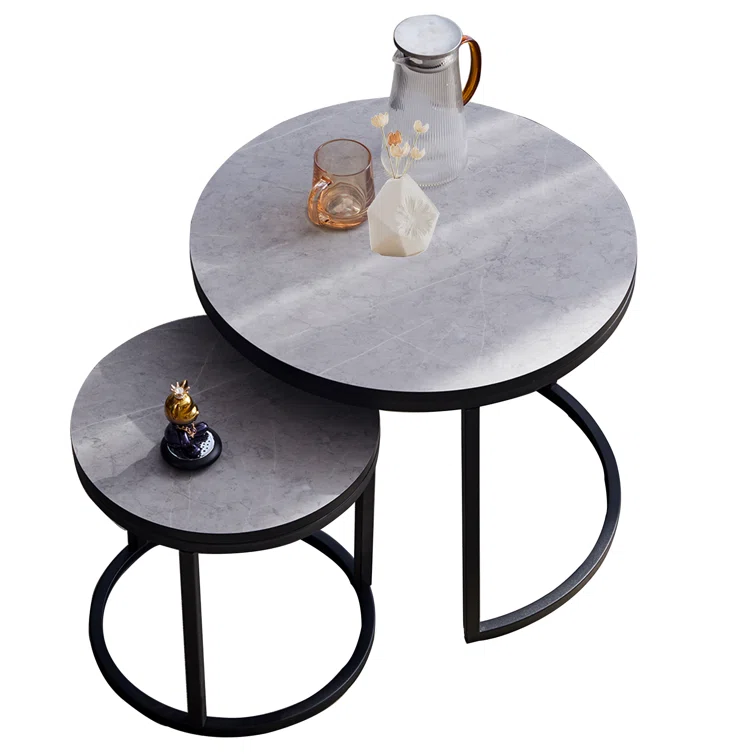 Coffee Tables Nesting Set of 2 - Grey Round Faux Marble Top - Black Frame