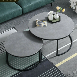 Coffee Tables Nesting Set of 2 - Grey Round Faux Marble Top - Black Frame